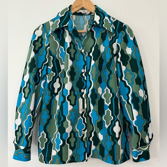 Vintage Neiman Marcus 70s Button Up Shirt Green Blue Polyester Size 10 / Medium - Picture 1 of 9
